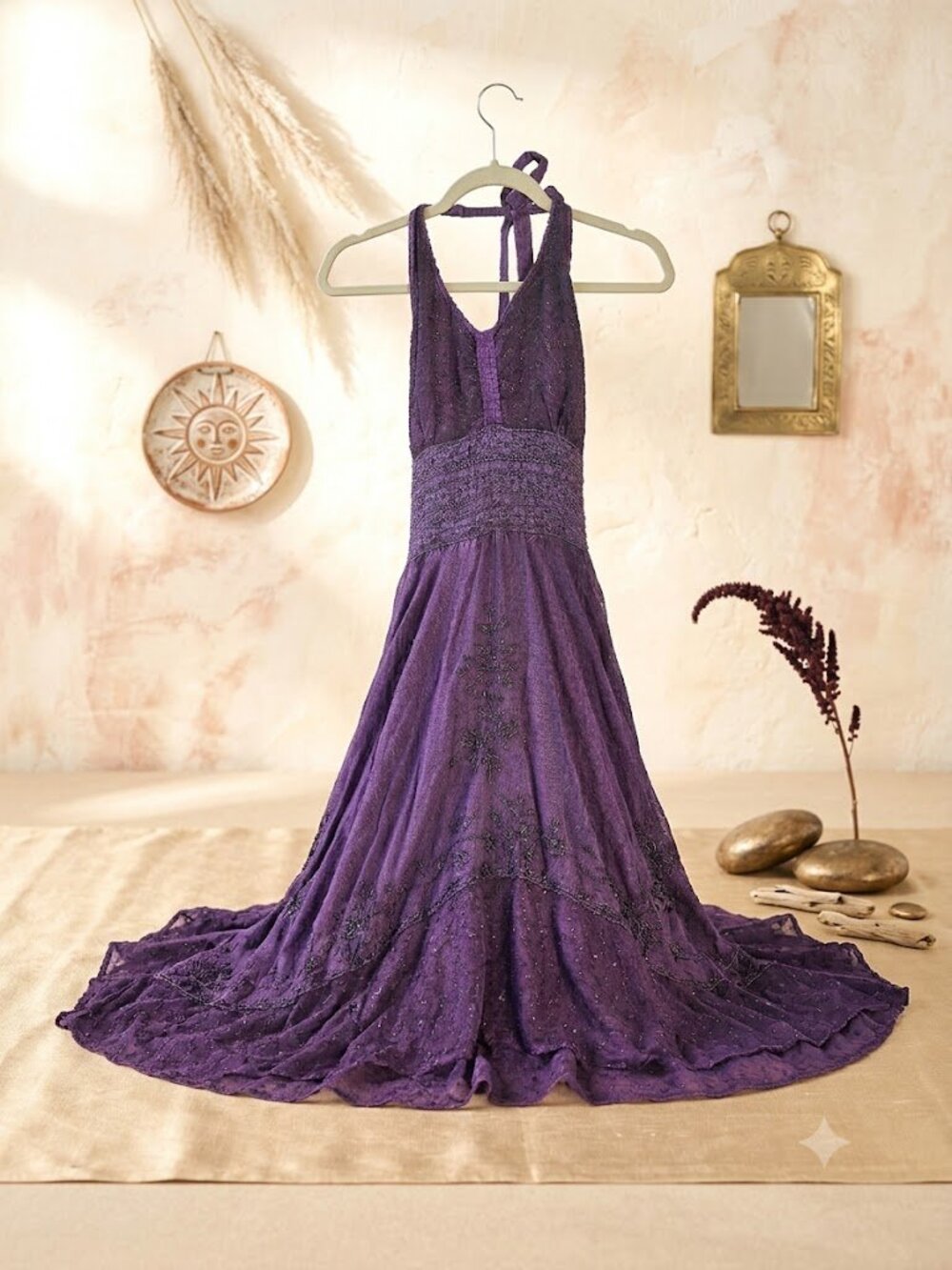 Boho Vintage Purple Halter Maxi Dress Fairycore Handkerchief Festive NWT L